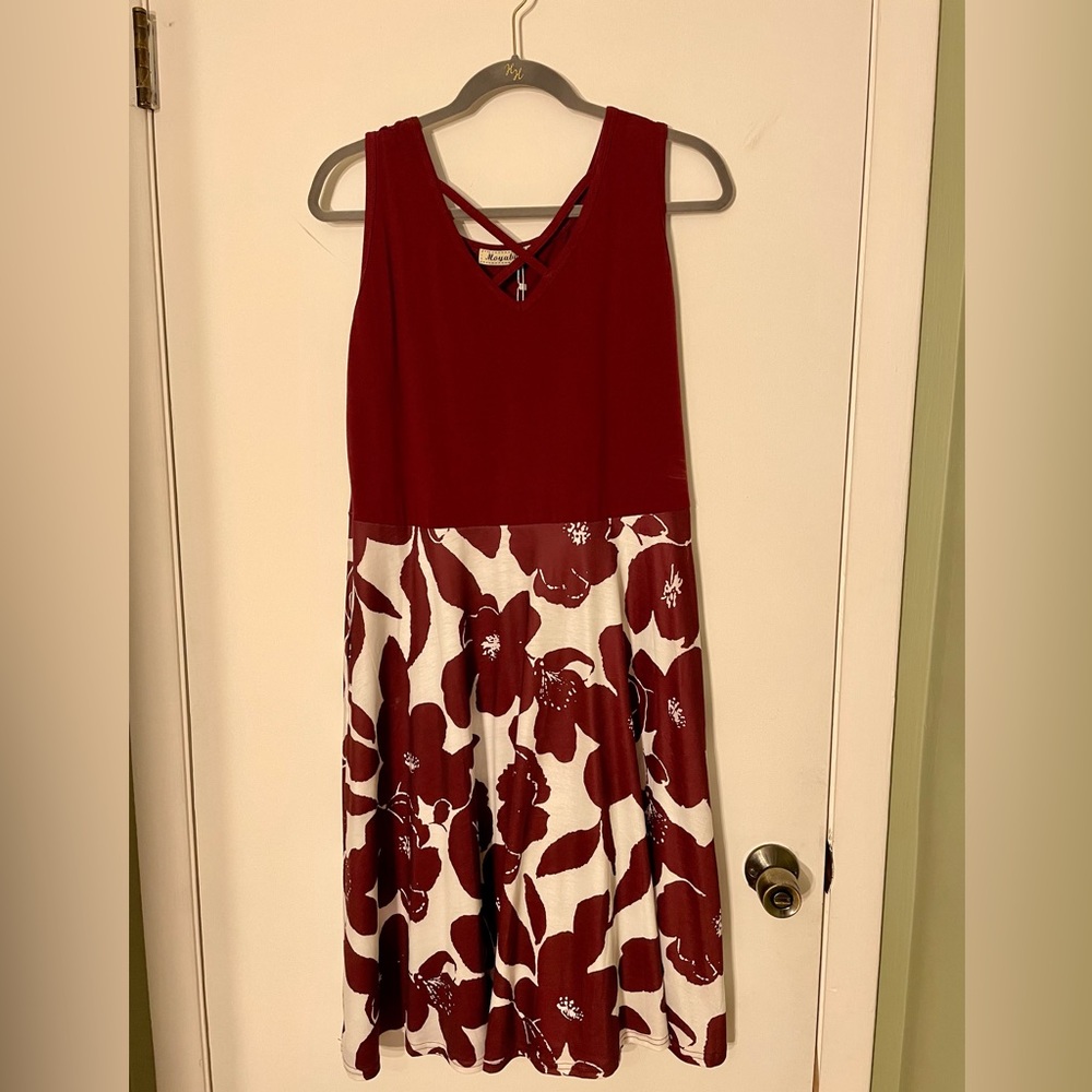 Moyabo 2XL Red and white floral tank dress with crisscrossed neck detail.